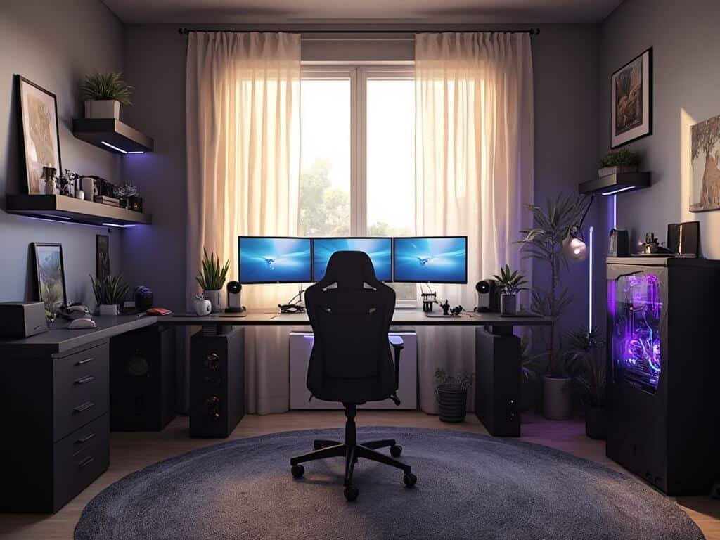 "Modern gaming setup with triple monitors, custom water-cooled PC, and sleek black desk in a symmetric, well-lit room"