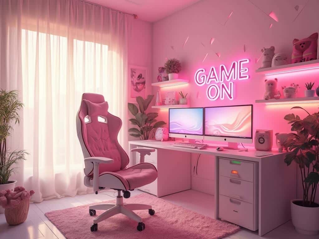 "Modern pink gaming setup with ergonomic chair, dual monitors, rose gold keyboard, and neon 'GAME ON' sign"