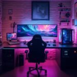 "Cyberpunk-inspired gaming battle station with a 49" ultrawide monitor, custom water-cooled PC, RGB lighting, and high-end gaming chair, with collector's figurines displayed on floating shelves and impeccable cable management"