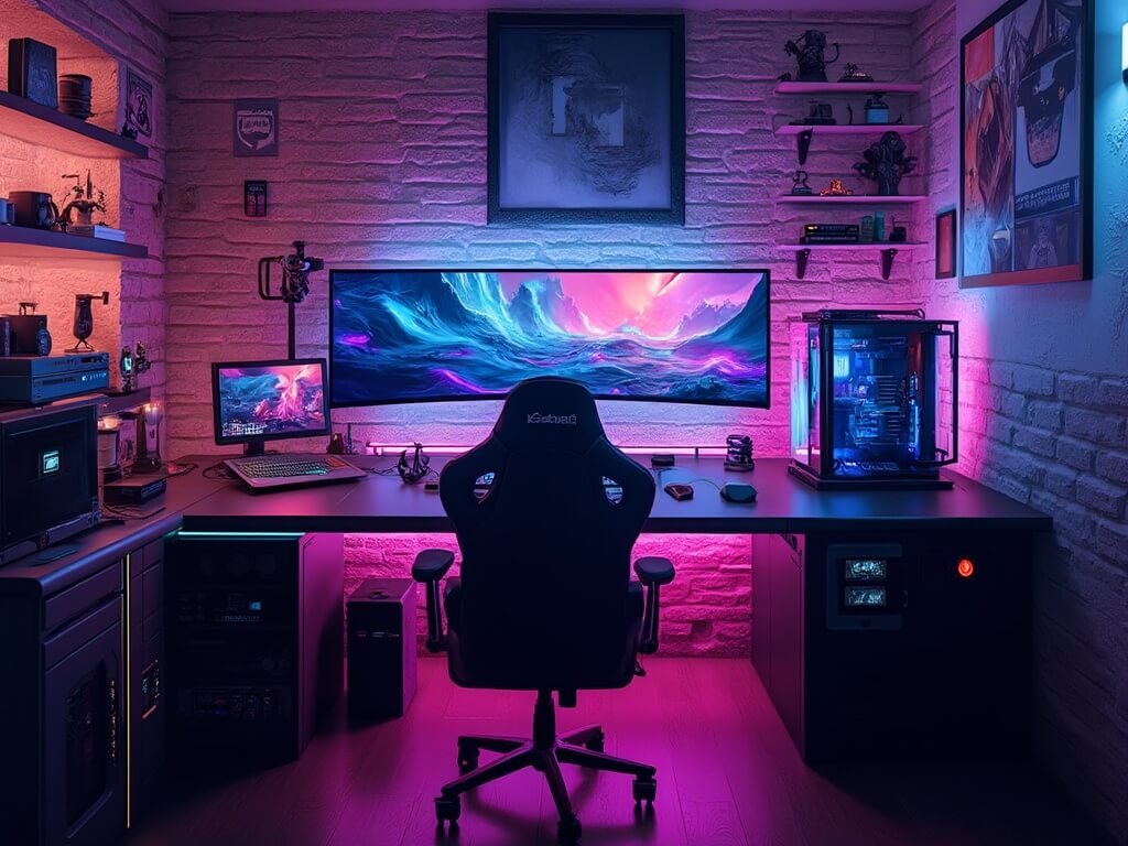 "Cyberpunk-inspired gaming battle station with a 49" ultrawide monitor, custom water-cooled PC, RGB lighting, and high-end gaming chair, with collector's figurines displayed on floating shelves and impeccable cable management"