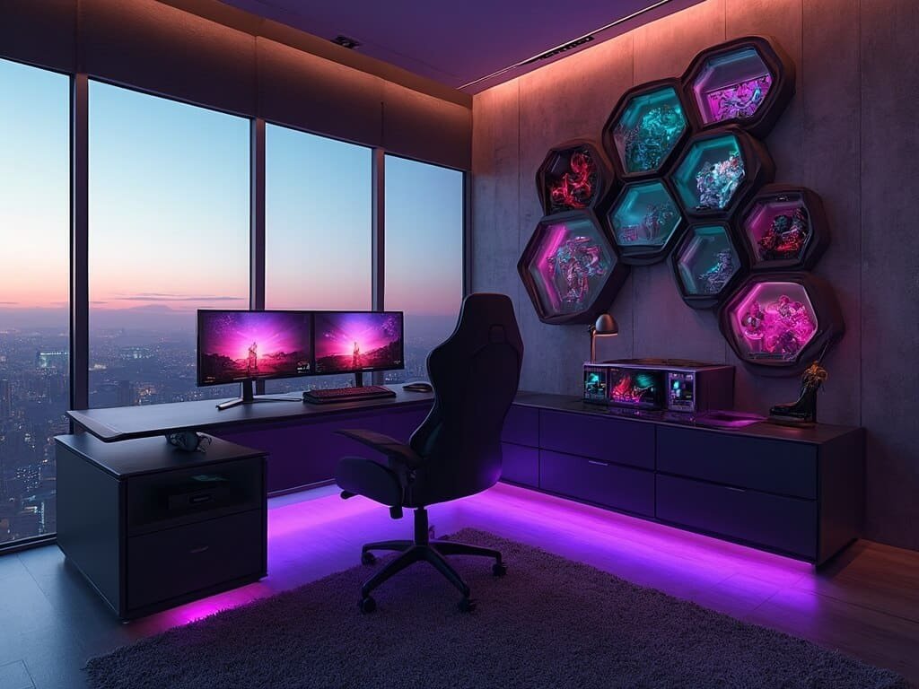 "Luxurious cyberpunk-themed gaming room with an L-shaped desk, triple curved monitors, custom water-cooled PC, high-end streaming setup, and collectible displays under ambient lighting."